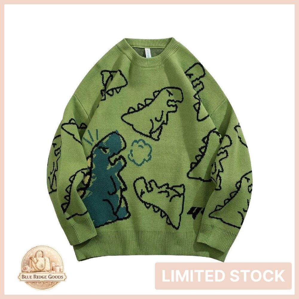 Y2K Vintage Oversized Dinosaur Graphic Knit Sweater Retro Streetwear Kawaii